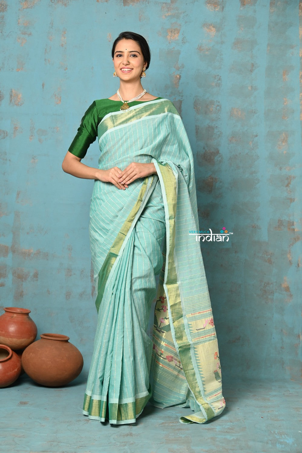Very Much Indian Tyohaar - Handloom Pure Cotton Paithani With Revival Asawali Pallu - Sea Blue | Grocsy