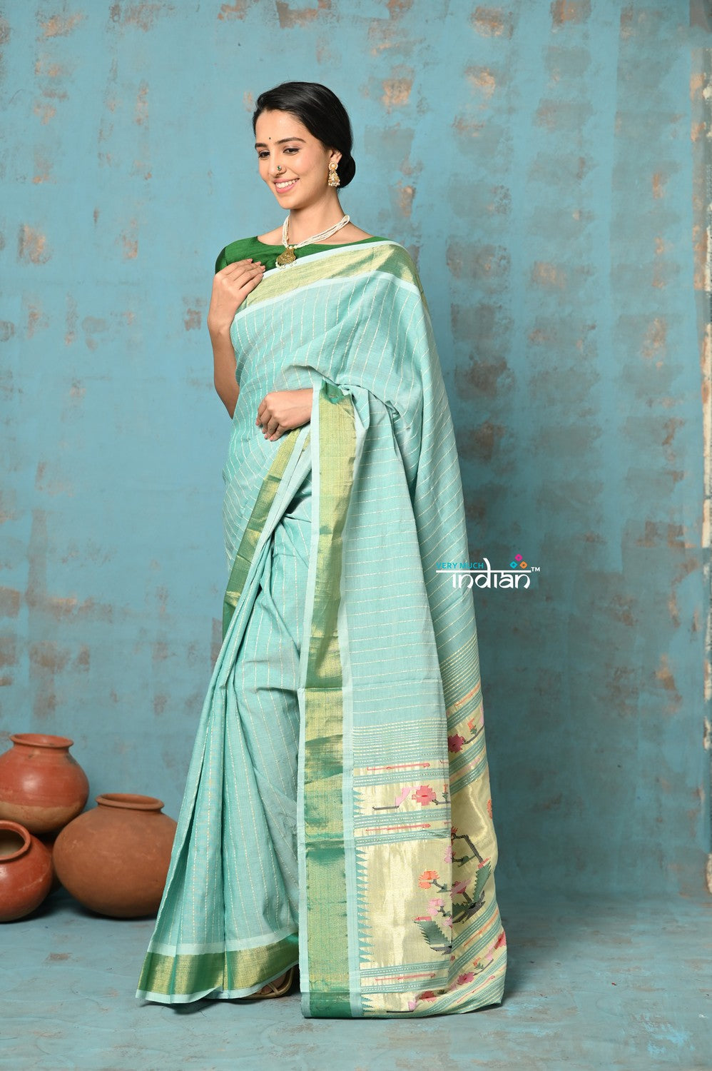 Very Much Indian Tyohaar - Handloom Pure Cotton Paithani With Revival Asawali Pallu - Sea Blue | Grocsy