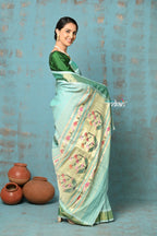 Very Much Indian Tyohaar - Handloom Pure Cotton Paithani With Revival Asawali Pallu - Sea Blue | Grocsy