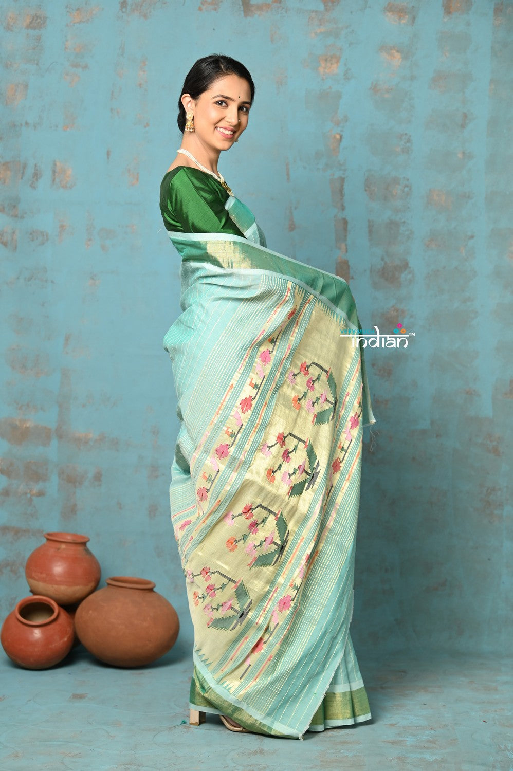 Very Much Indian Tyohaar - Handloom Pure Cotton Paithani With Revival Asawali Pallu - Sea Blue | Grocsy