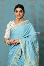 Very Much Indian Tyohaar - Handloom Pure Cotton Paithani With Lotus Pallu - Sky Blue | Grocsy