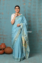 Very Much Indian Tyohaar - Handloom Pure Cotton Paithani With Lotus Pallu - Sky Blue | Grocsy