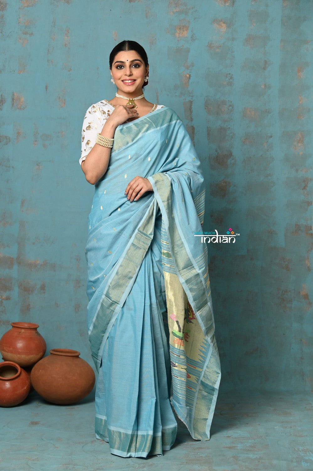 Very Much Indian Tyohaar - Handloom Pure Cotton Paithani With Lotus Pallu - Sky Blue | Grocsy