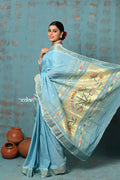Very Much Indian Tyohaar - Handloom Pure Cotton Paithani With Lotus Pallu - Sky Blue | Grocsy