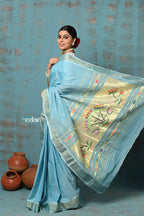 Very Much Indian Tyohaar - Handloom Pure Cotton Paithani With Lotus Pallu - Sky Blue | Grocsy