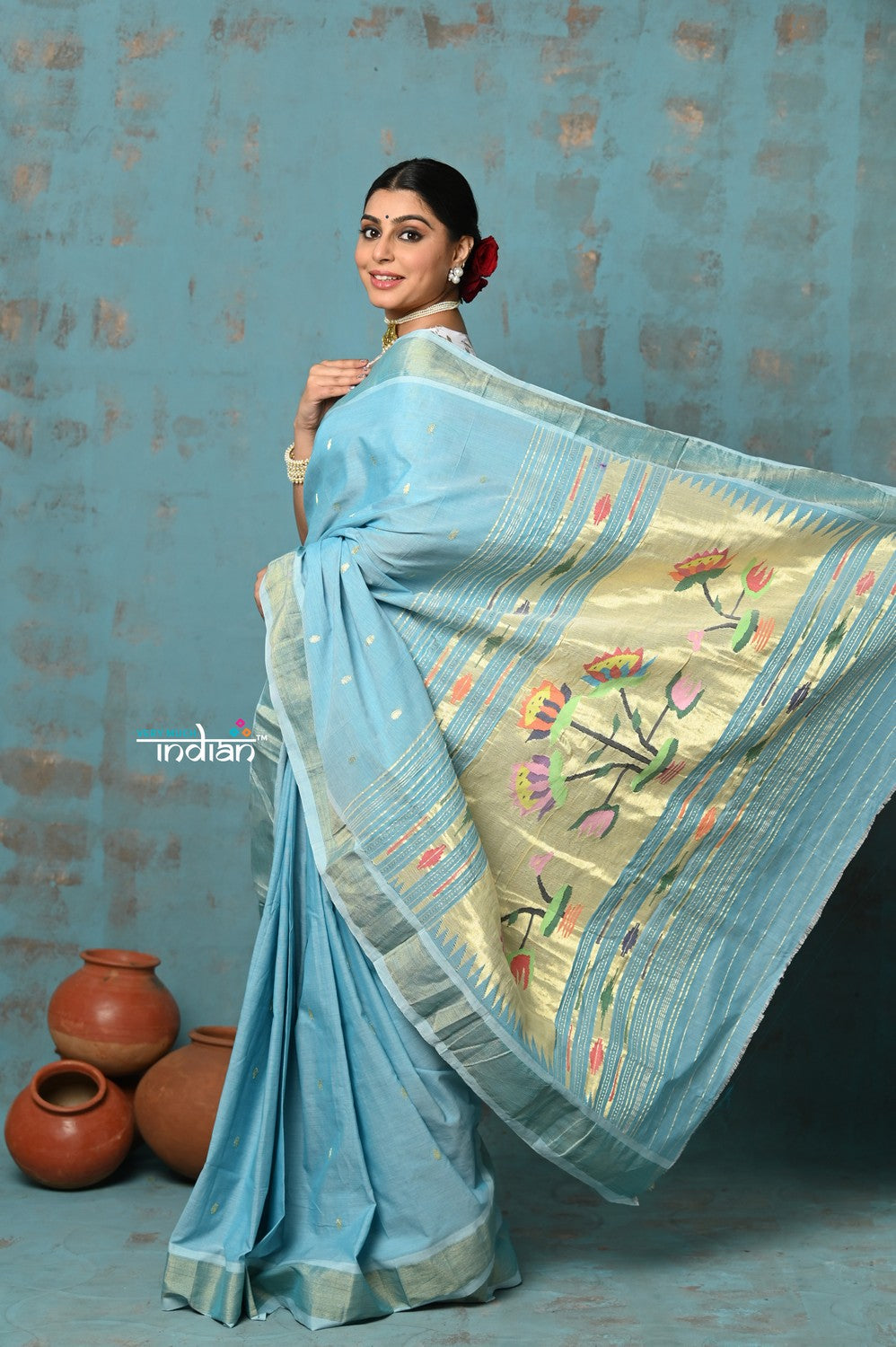 Very Much Indian Tyohaar - Handloom Pure Cotton Paithani With Lotus Pallu - Sky Blue | Grocsy