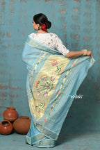 Very Much Indian Tyohaar - Handloom Pure Cotton Paithani With Lotus Pallu - Sky Blue | Grocsy