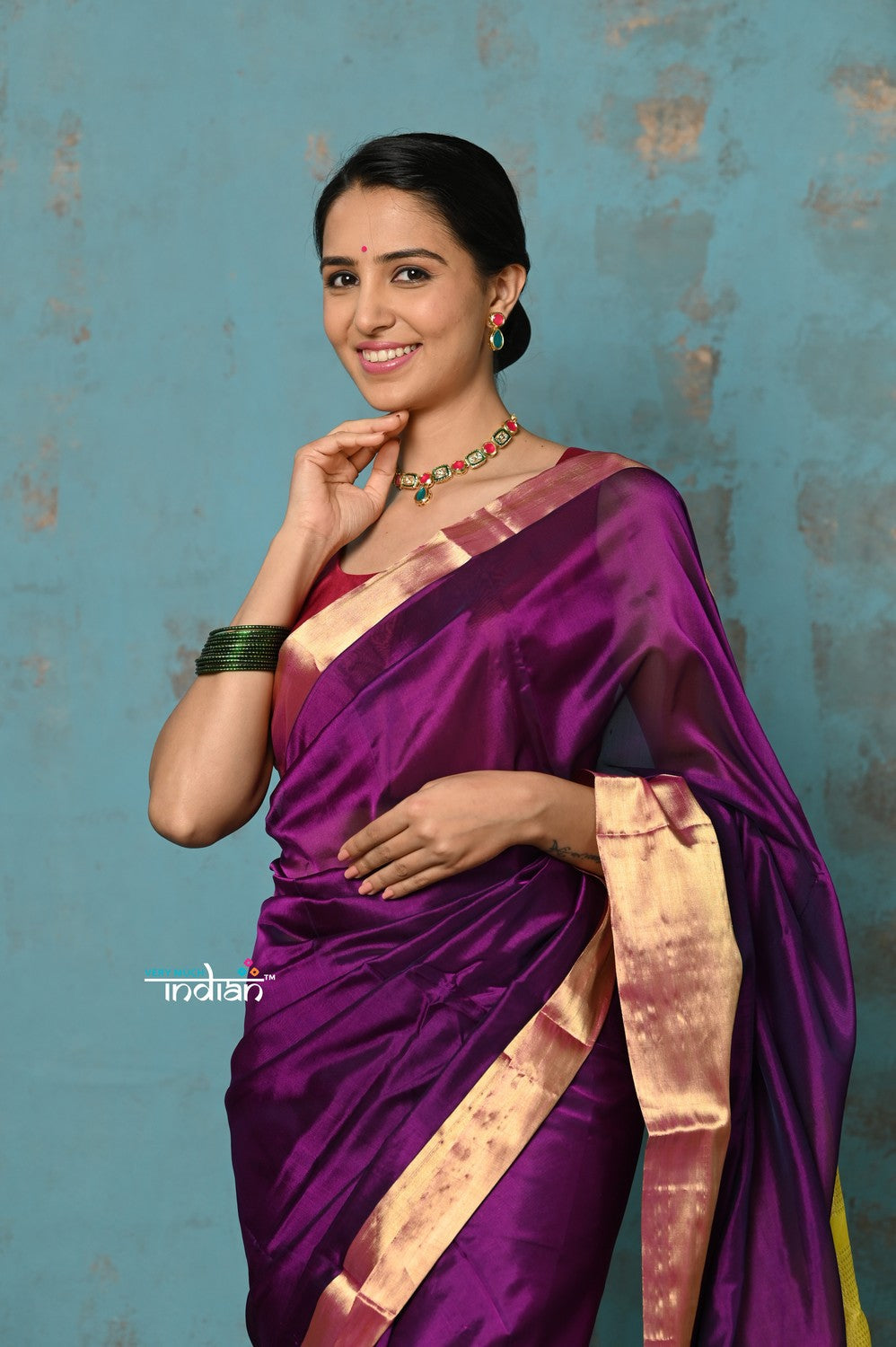 Very Much Indian Prerna - Handloom Pure Chanderi Cotton Silk Saree With Golden Border - Soft Plum | Grocsy