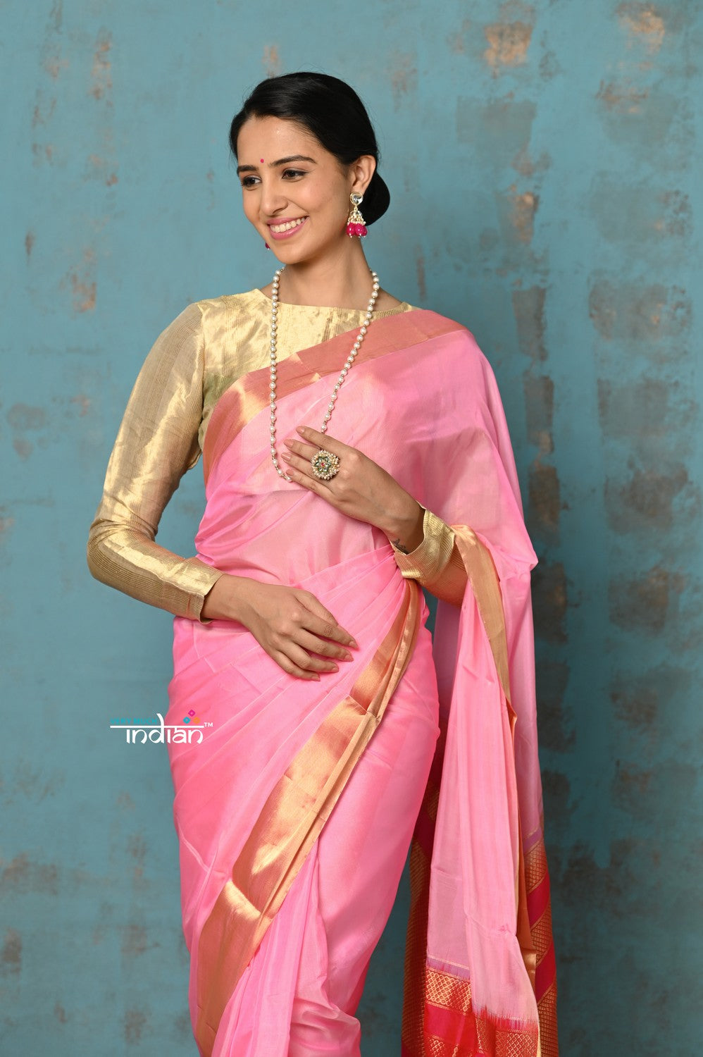 Very Much Indian Prerna - Handloom Pure Chanderi Cotton Silk Saree With Golden Border - Feather Pink | Grocsy