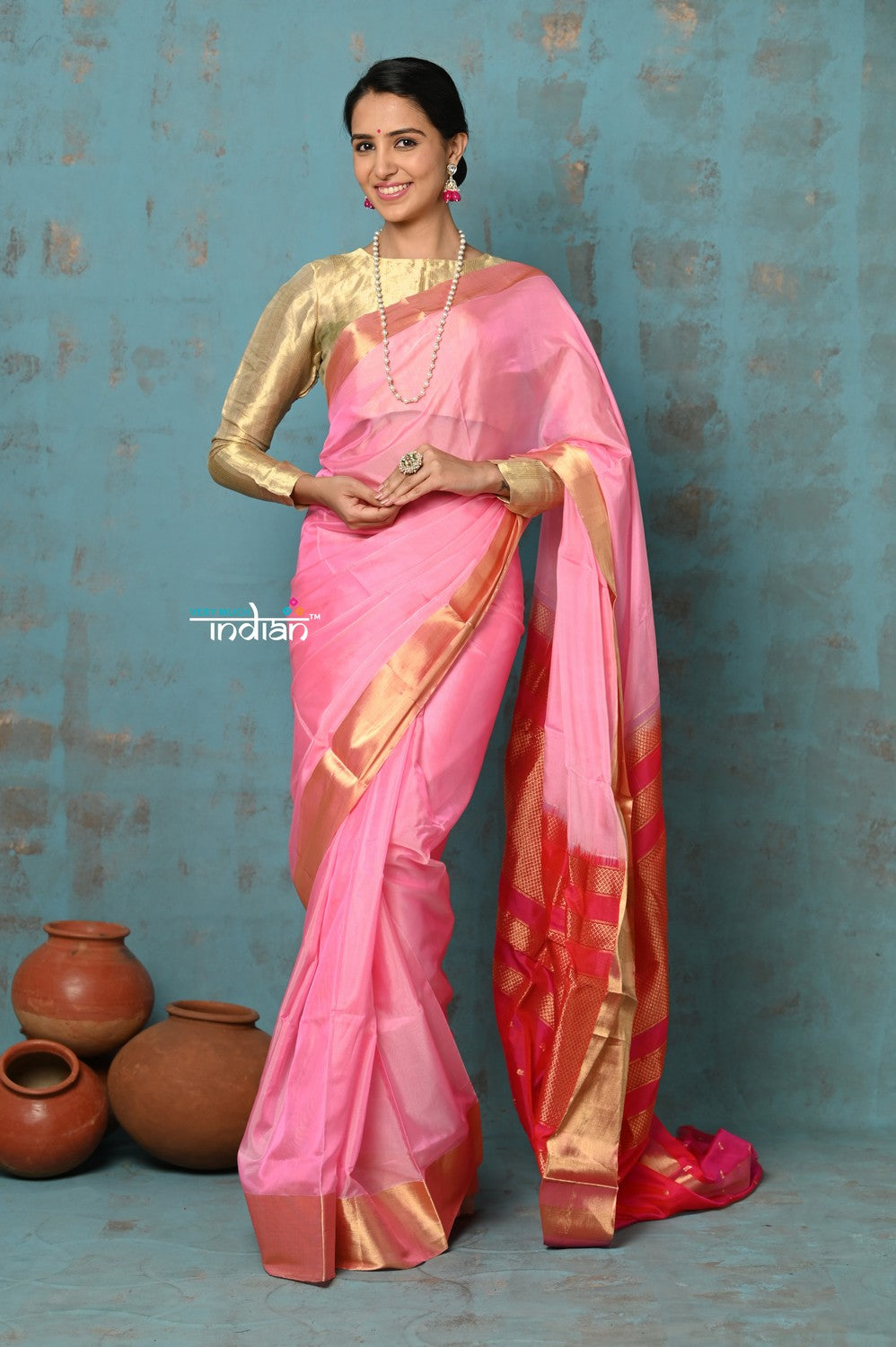 Very Much Indian Prerna - Handloom Pure Chanderi Cotton Silk Saree With Golden Border - Feather Pink | Grocsy
