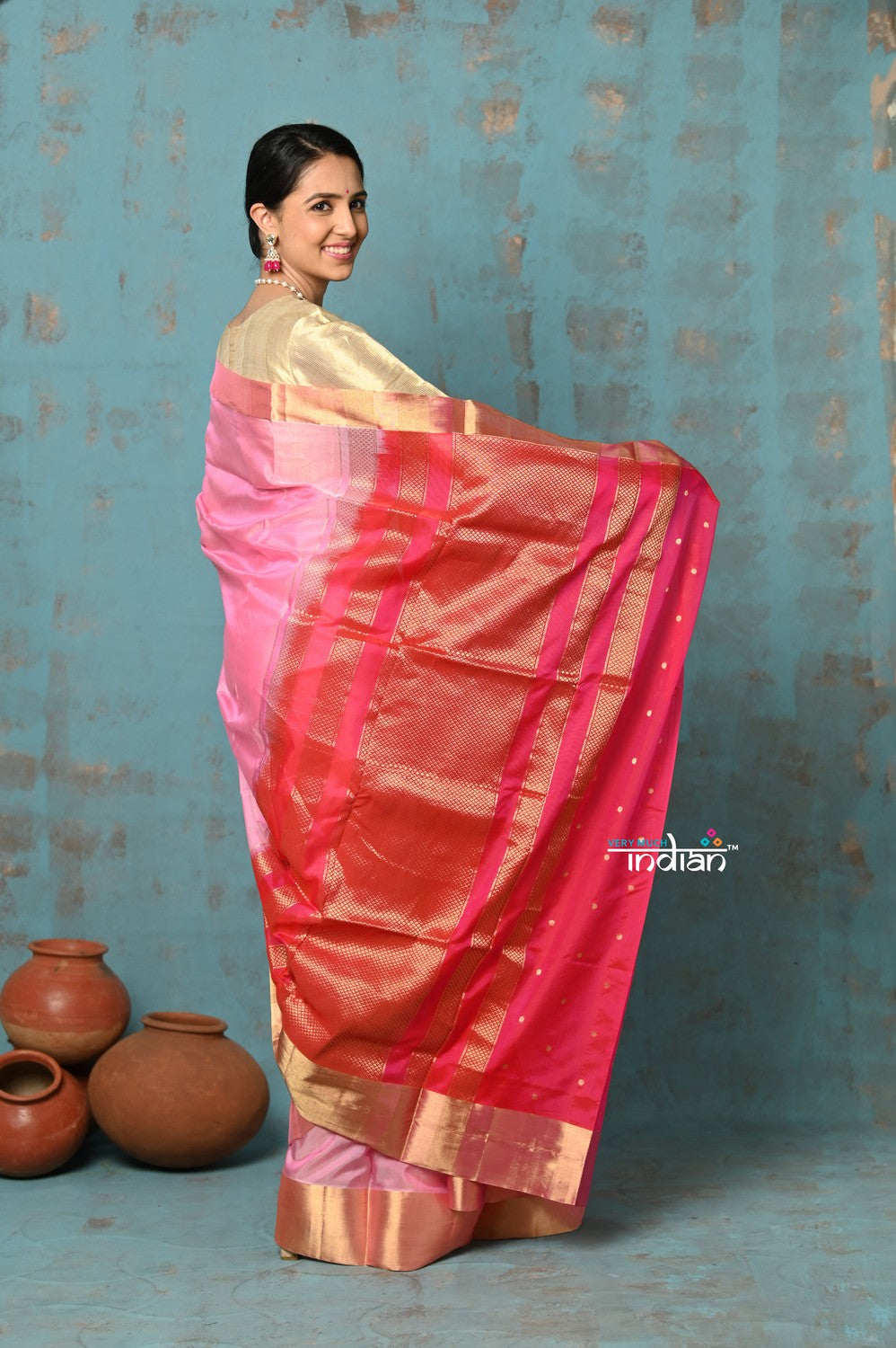 Very Much Indian Prerna - Handloom Pure Chanderi Cotton Silk Saree With Golden Border - Feather Pink | Grocsy
