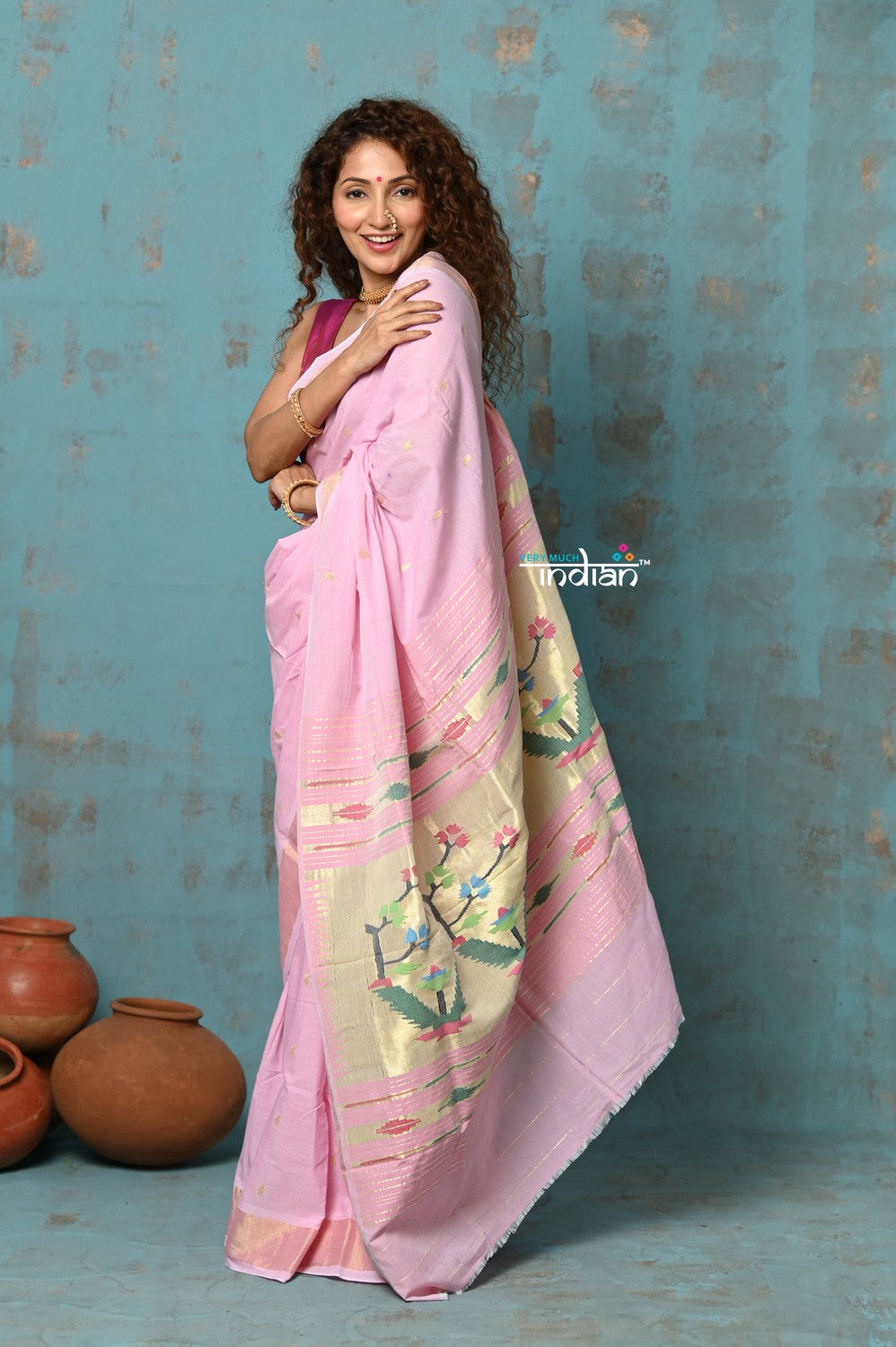 Very Much Indian Tyohaar - Handloom Pure Cotton Paithani With Asawali Pallu - Feather Pink | Grocsy