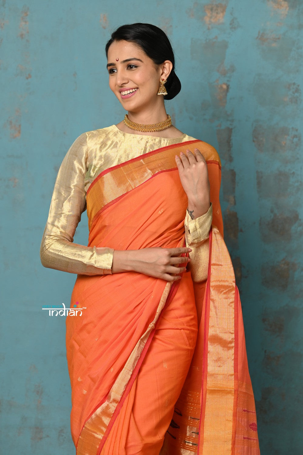 Very Much Indian Tyohaar - Handloom Pure Cotton Paithani With Asawali Pallu - Serene Orange | Grocsy