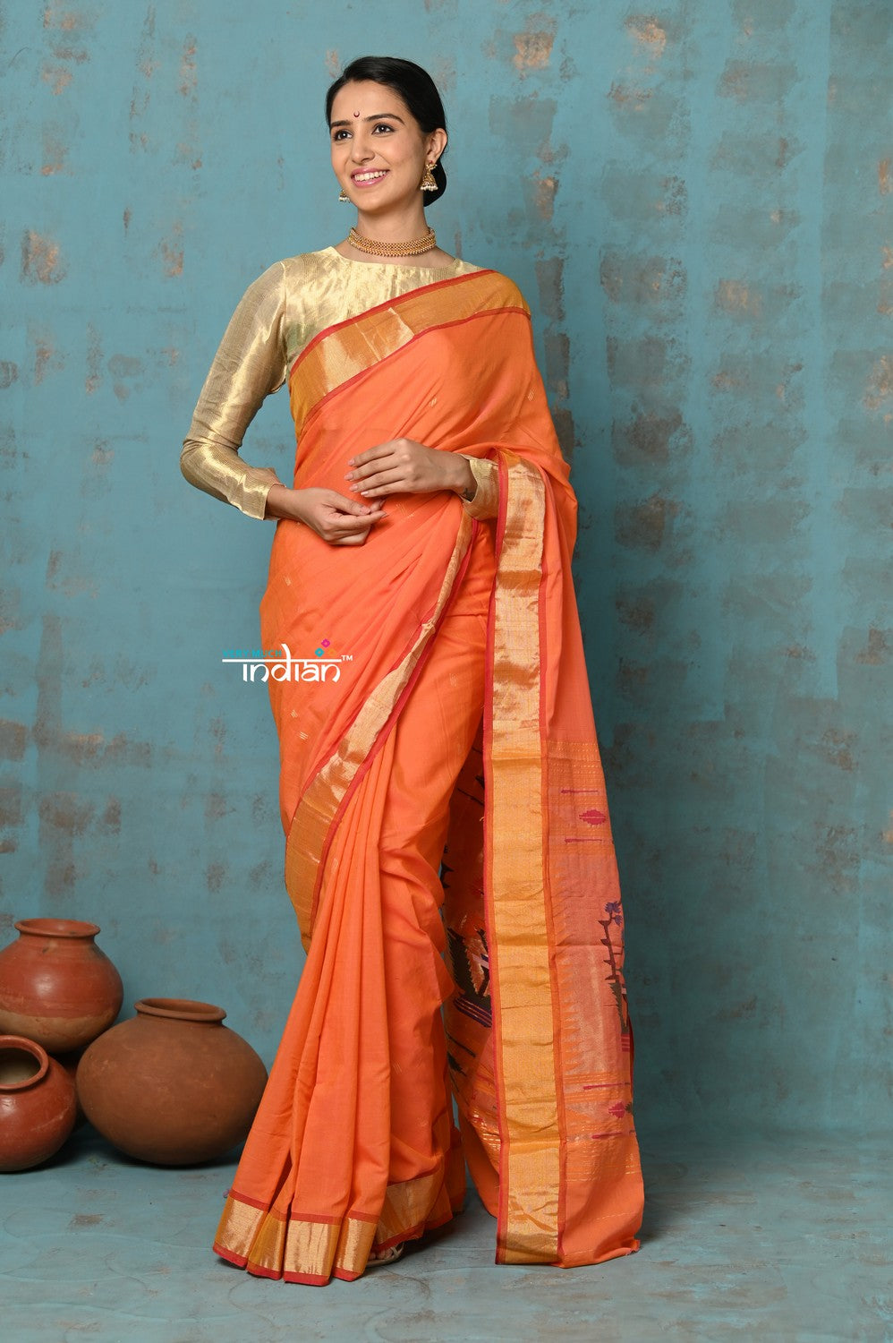 Very Much Indian Tyohaar - Handloom Pure Cotton Paithani With Asawali Pallu - Serene Orange | Grocsy