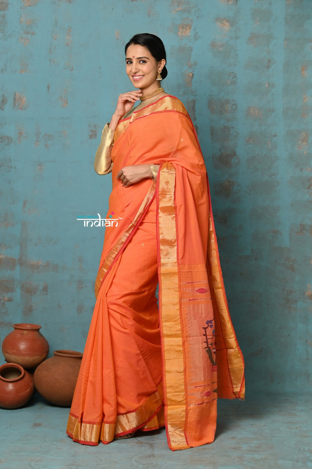 Very Much Indian Tyohaar - Handloom Pure Cotton Paithani With Asawali Pallu - Serene Orange | Grocsy