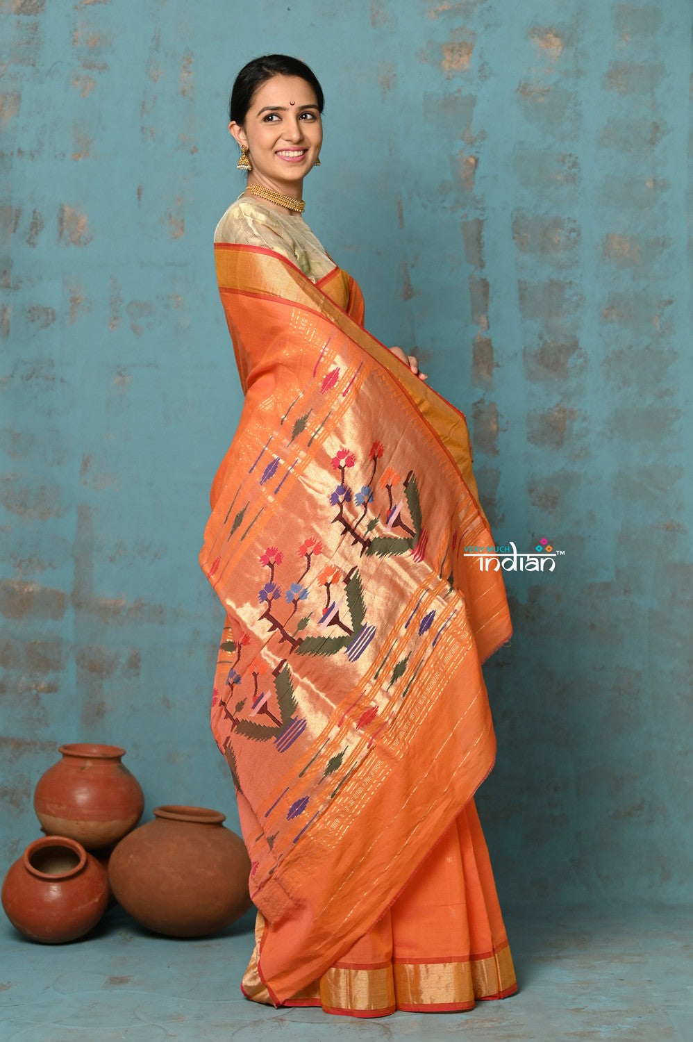 Very Much Indian Tyohaar - Handloom Pure Cotton Paithani With Asawali Pallu - Serene Orange | Grocsy