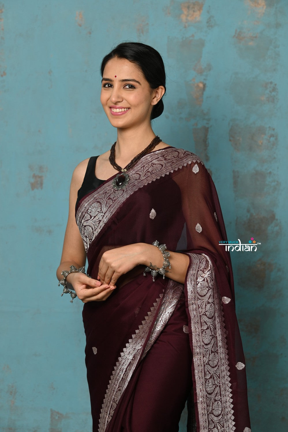 Very Much Indian Suhaani - Handloom Khaddi Georgette Saree With Sleek Border - Maroon (Silk Mark) | Grocsy