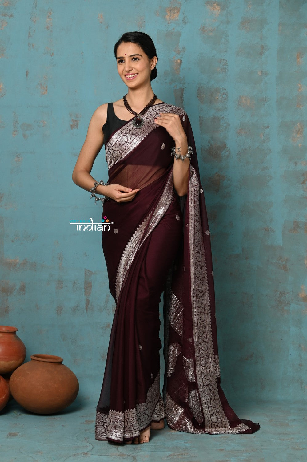Very Much Indian Suhaani - Handloom Khaddi Georgette Saree With Sleek Border - Maroon (Silk Mark) | Grocsy