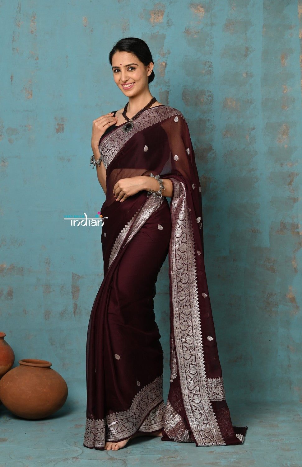 Very Much Indian Suhaani - Handloom Khaddi Georgette Saree With Sleek Border - Maroon (Silk Mark) | Grocsy