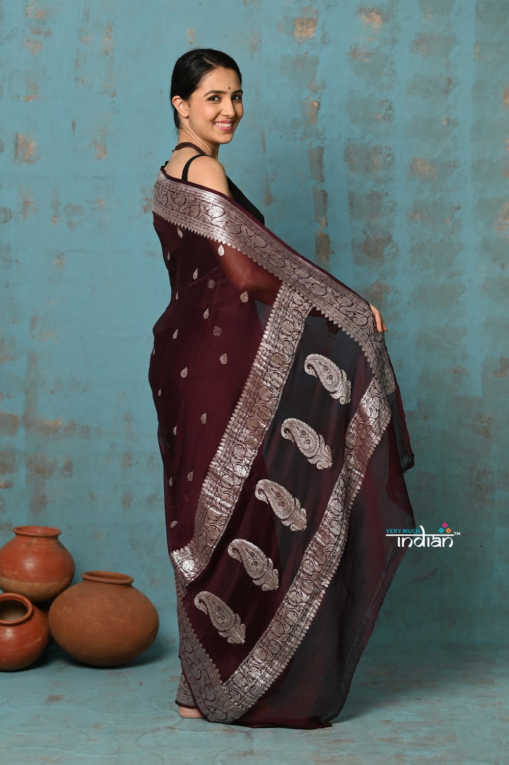 Very Much Indian Suhaani - Handloom Khaddi Georgette Saree With Sleek Border - Maroon (Silk Mark) | Grocsy