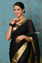 Very Much Indian Prerna - Handloom Pure Chanderi Cotton Silk Saree With Golden Border - Black | Grocsy