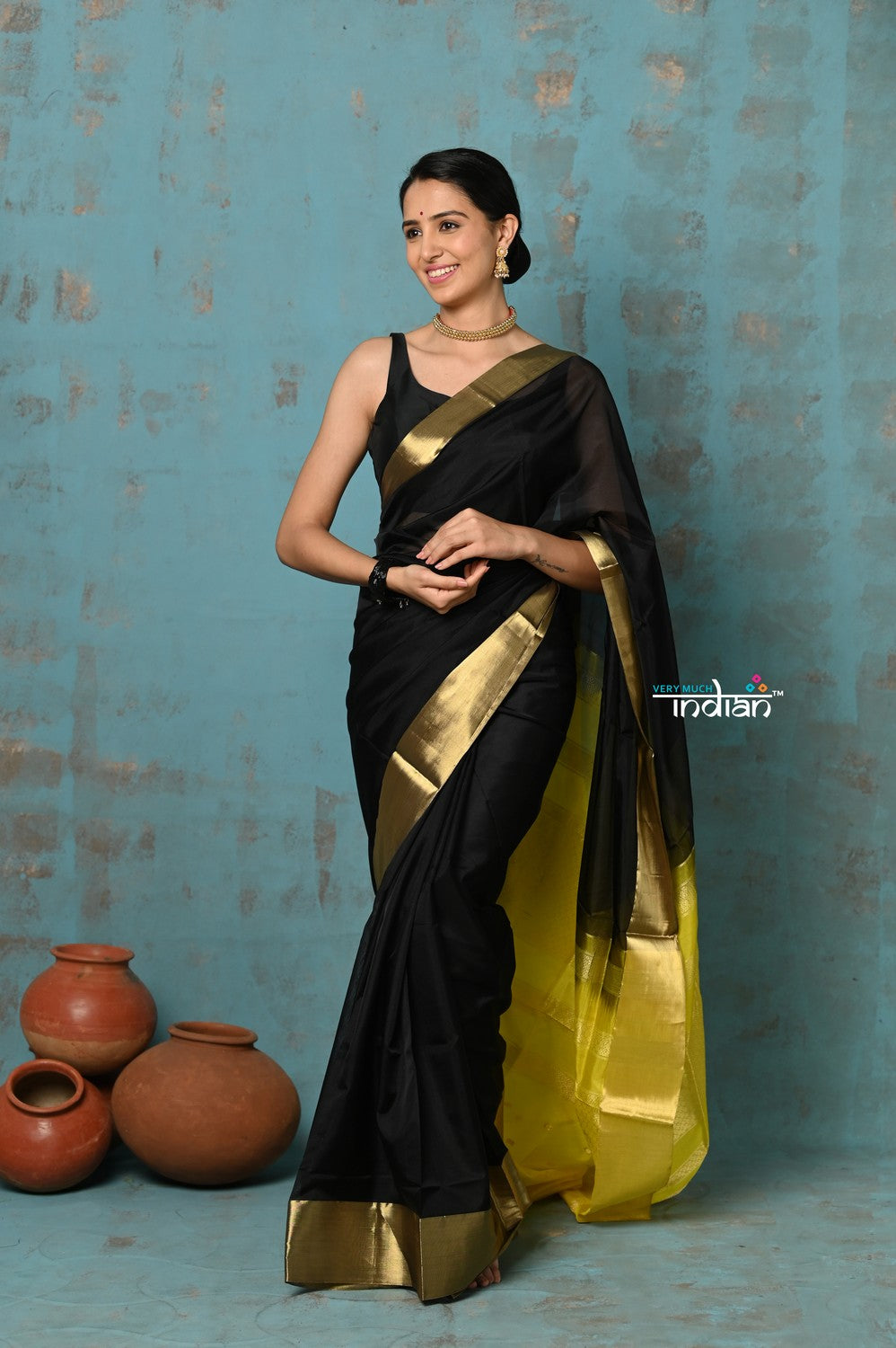 Very Much Indian Prerna - Handloom Pure Chanderi Cotton Silk Saree With Golden Border - Black | Grocsy