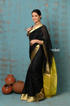 Very Much Indian Prerna - Handloom Pure Chanderi Cotton Silk Saree With Golden Border - Black | Grocsy