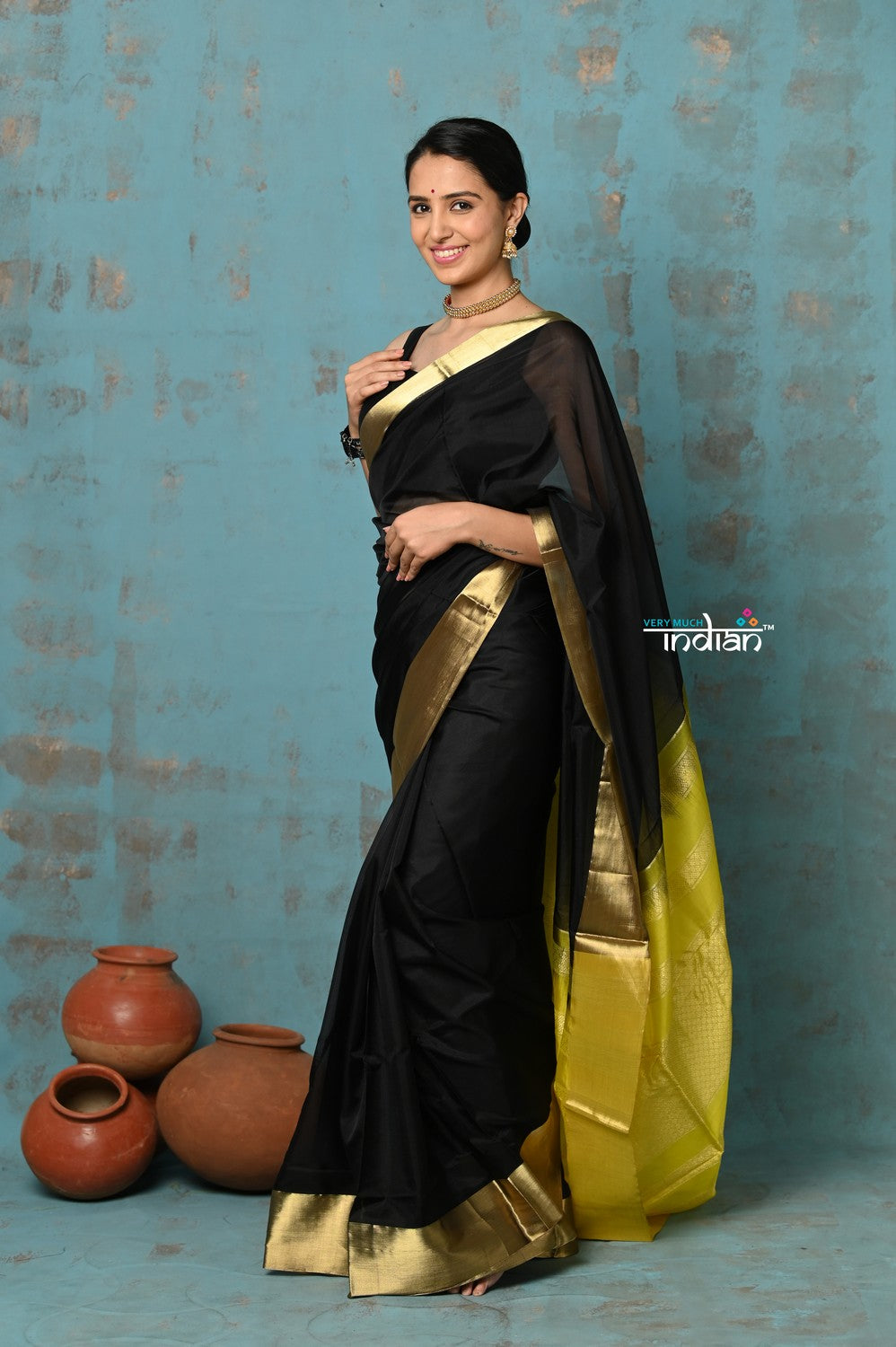 Very Much Indian Prerna - Handloom Pure Chanderi Cotton Silk Saree With Golden Border - Black | Grocsy
