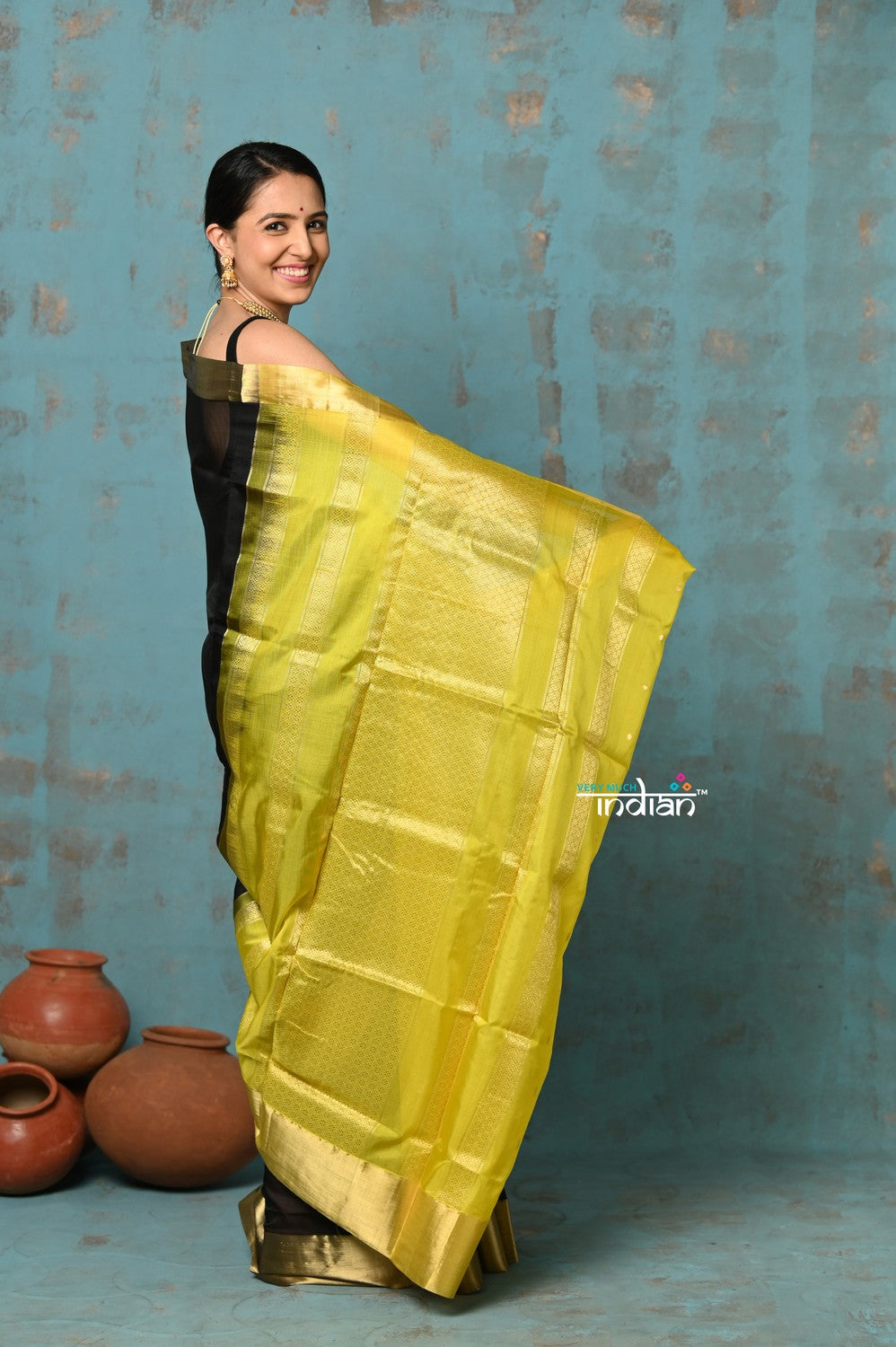 Very Much Indian Prerna - Handloom Pure Chanderi Cotton Silk Saree With Golden Border - Black | Grocsy