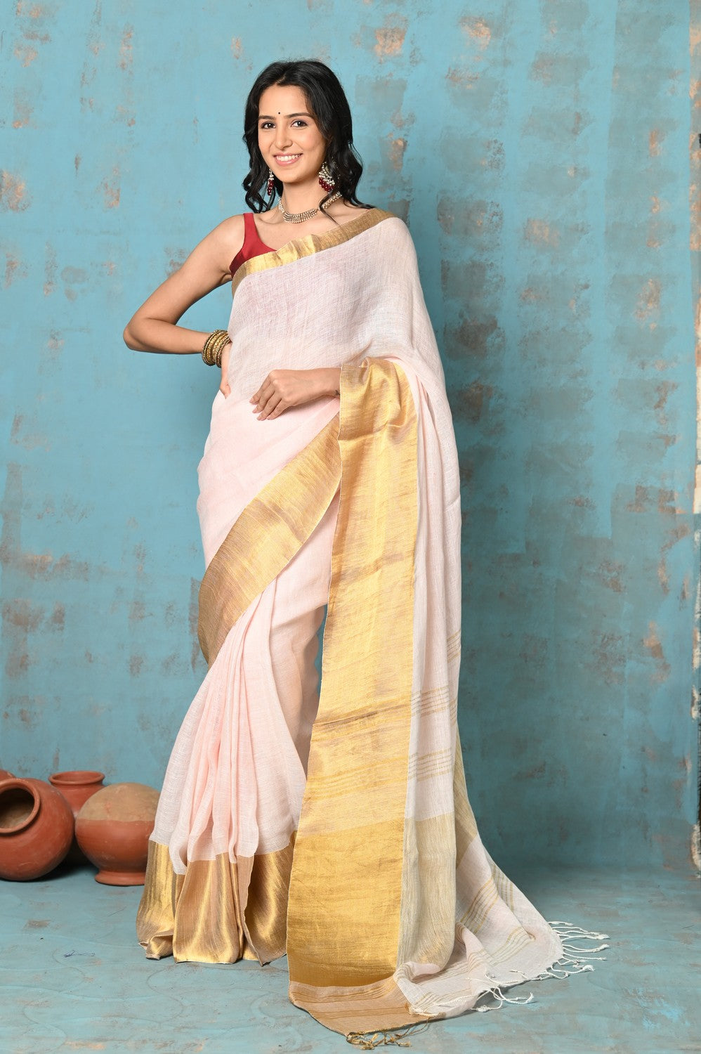 Very Much Indian Tyohaar - Handloom Pure Organic Linen Saree With Golden Border - Baby Pink (High Quality Linen) | Grocsy