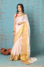 Very Much Indian Tyohaar - Handloom Pure Organic Linen Saree With Golden Border - Baby Pink (High Quality Linen) | Grocsy