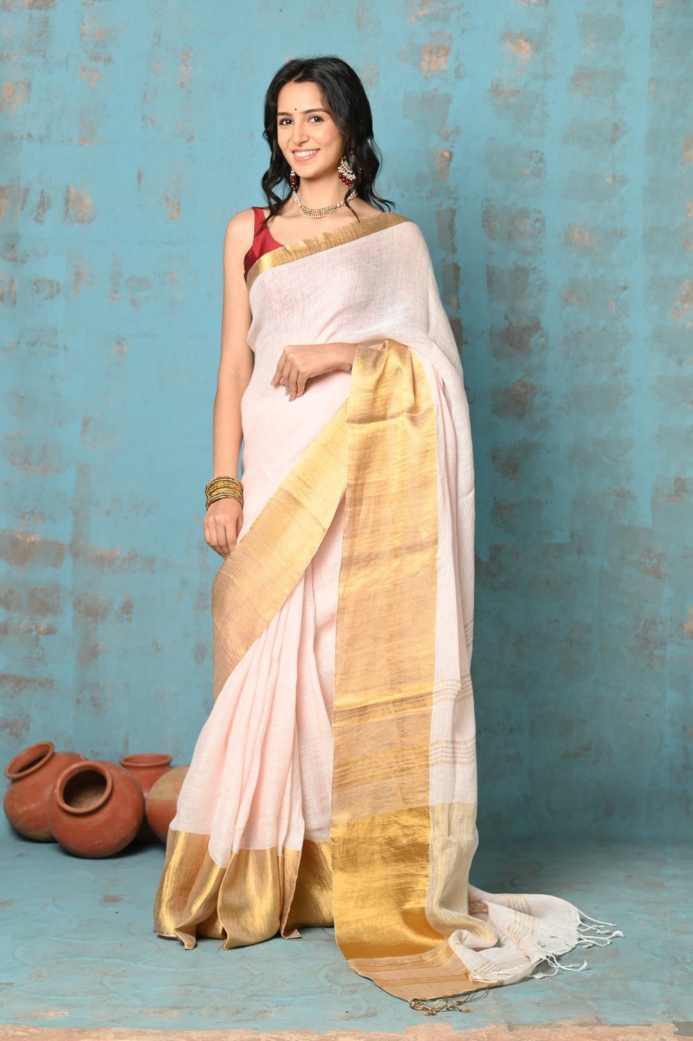 Very Much Indian Tyohaar - Handloom Pure Organic Linen Saree With Golden Border - Baby Pink (High Quality Linen) | Grocsy