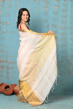 Very Much Indian Tyohaar - Handloom Pure Organic Linen Saree With Golden Border - Baby Pink (High Quality Linen) | Grocsy