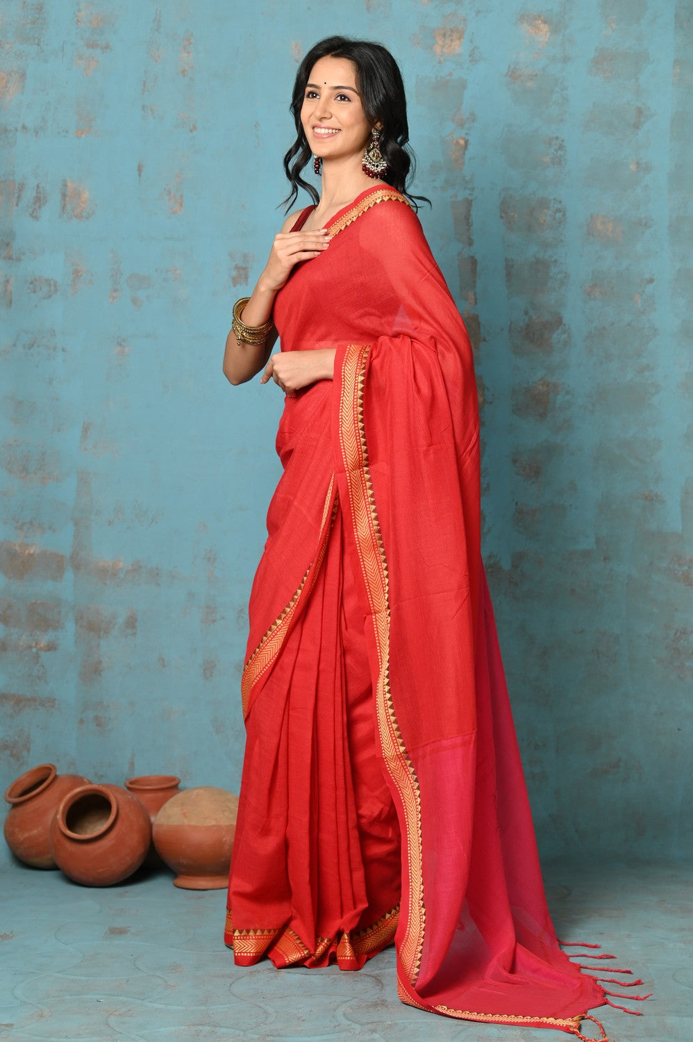 Very Much Indian Tyohaar - Pure Mul Cotton Handloom Saree - Red | Grocsy