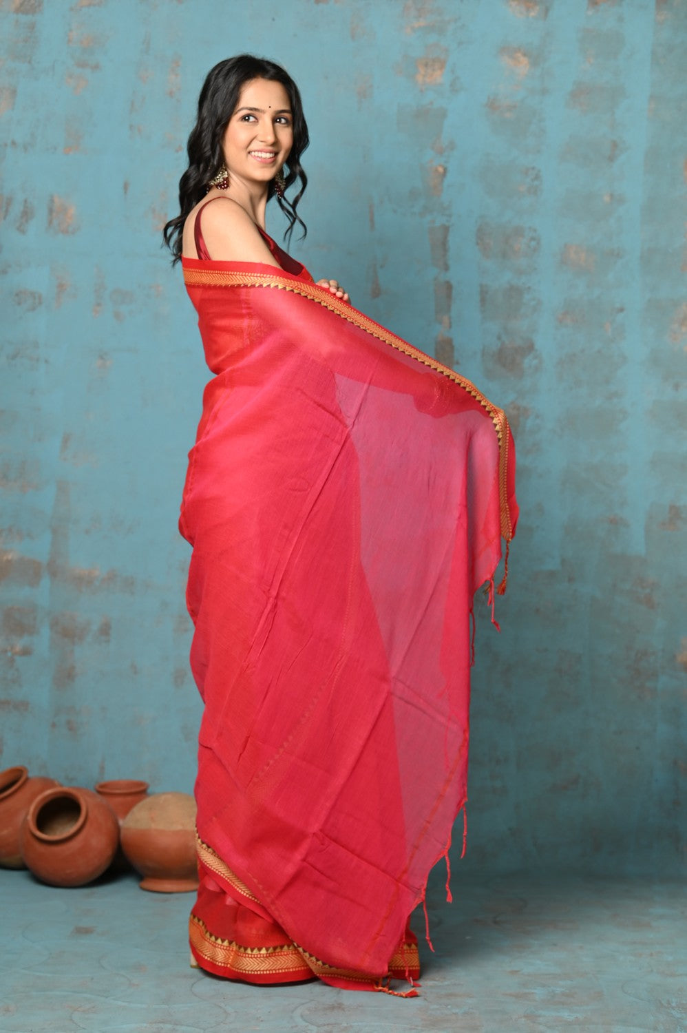 Very Much Indian Tyohaar - Pure Mul Cotton Handloom Saree - Red | Grocsy
