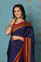 Very Much Indian Tyohaar - Traditional Handloom Royal Blue Ilkal Cotton Viscose with Red Pure Silk Pallu | Grocsy