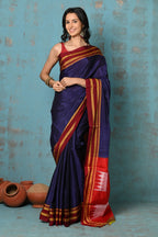 Very Much Indian Tyohaar - Traditional Handloom Royal Blue Ilkal Cotton Viscose with Red Pure Silk Pallu | Grocsy