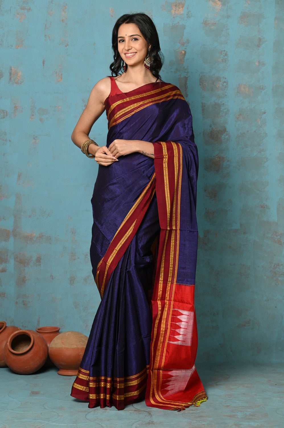 Very Much Indian Tyohaar - Traditional Handloom Royal Blue Ilkal Cotton Viscose with Red Pure Silk Pallu | Grocsy