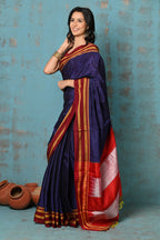 Very Much Indian Tyohaar - Traditional Handloom Royal Blue Ilkal Cotton Viscose with Red Pure Silk Pallu | Grocsy