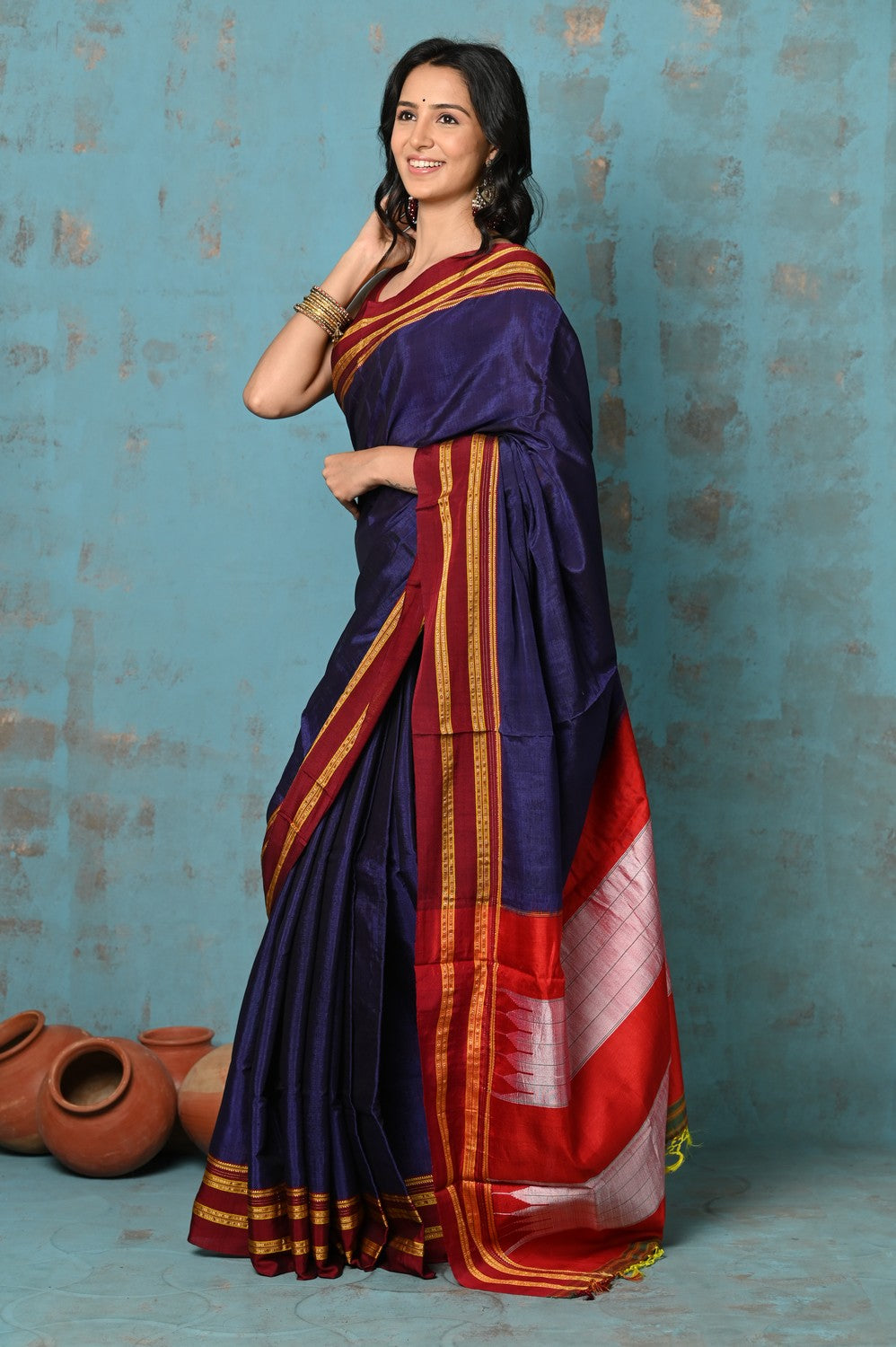 Very Much Indian Tyohaar - Traditional Handloom Royal Blue Ilkal Cotton Viscose with Red Pure Silk Pallu | Grocsy