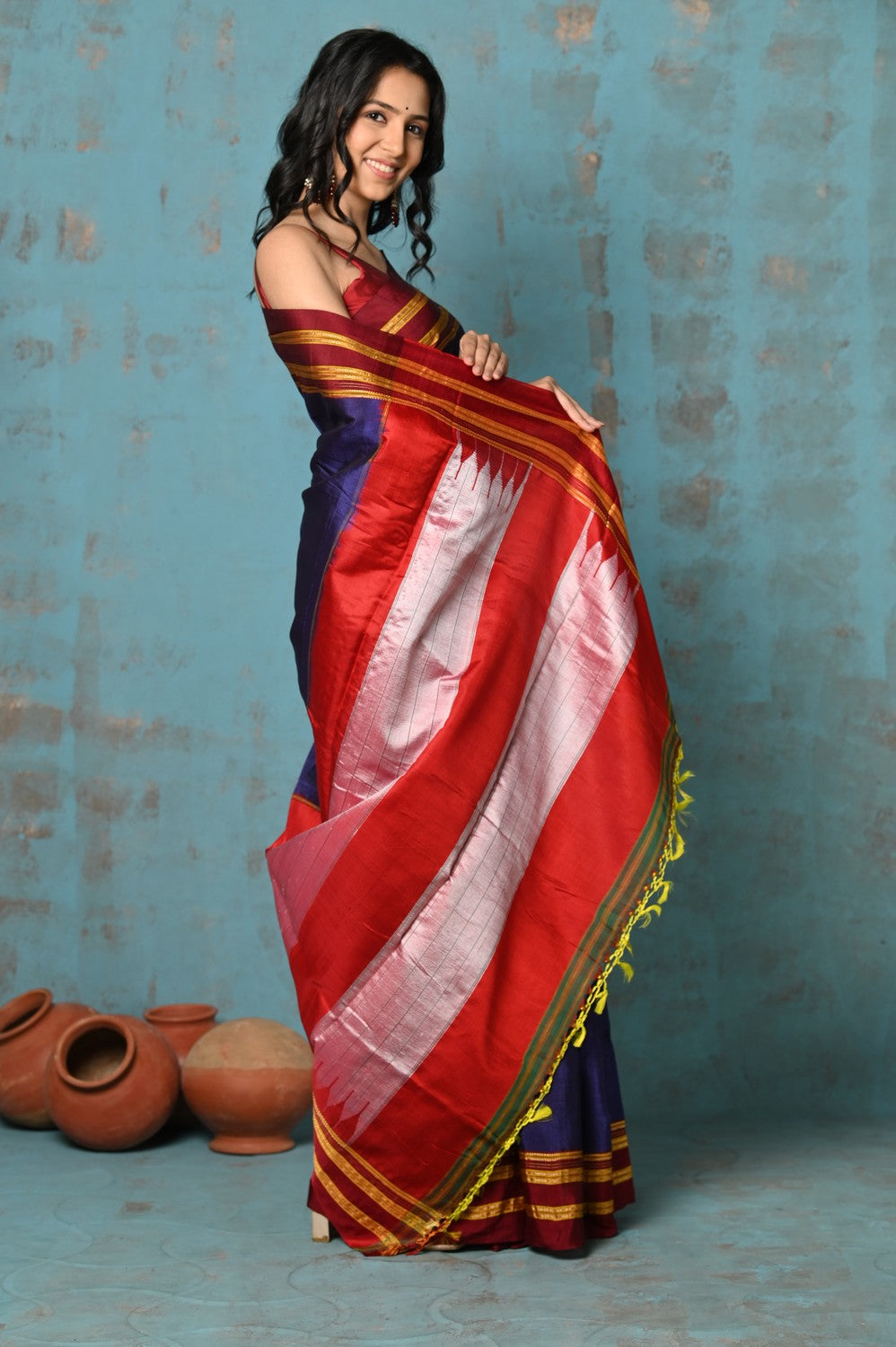 Very Much Indian Tyohaar - Traditional Handloom Royal Blue Ilkal Cotton Viscose with Red Pure Silk Pallu | Grocsy