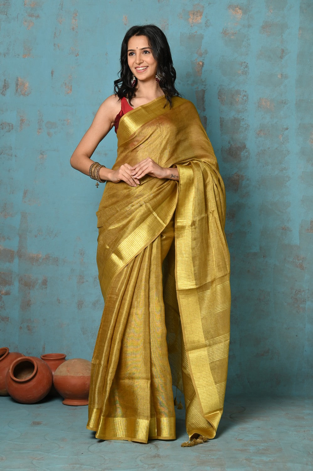 Very Much Indian Tyohaar - Pure Handwoven Organic Tissue Linen Saree - Shimmery Gold | Grocsy