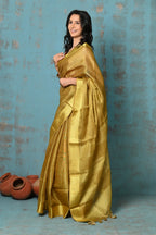 Very Much Indian Tyohaar - Pure Handwoven Organic Tissue Linen Saree - Shimmery Gold | Grocsy