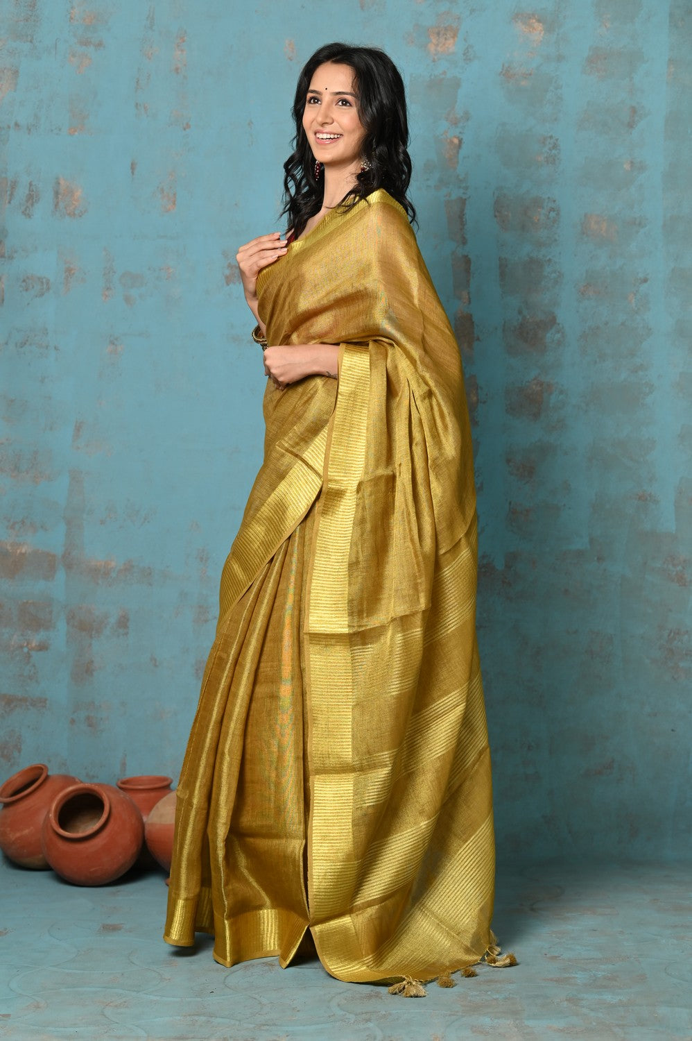 Very Much Indian Tyohaar - Pure Handwoven Organic Tissue Linen Saree - Shimmery Gold | Grocsy