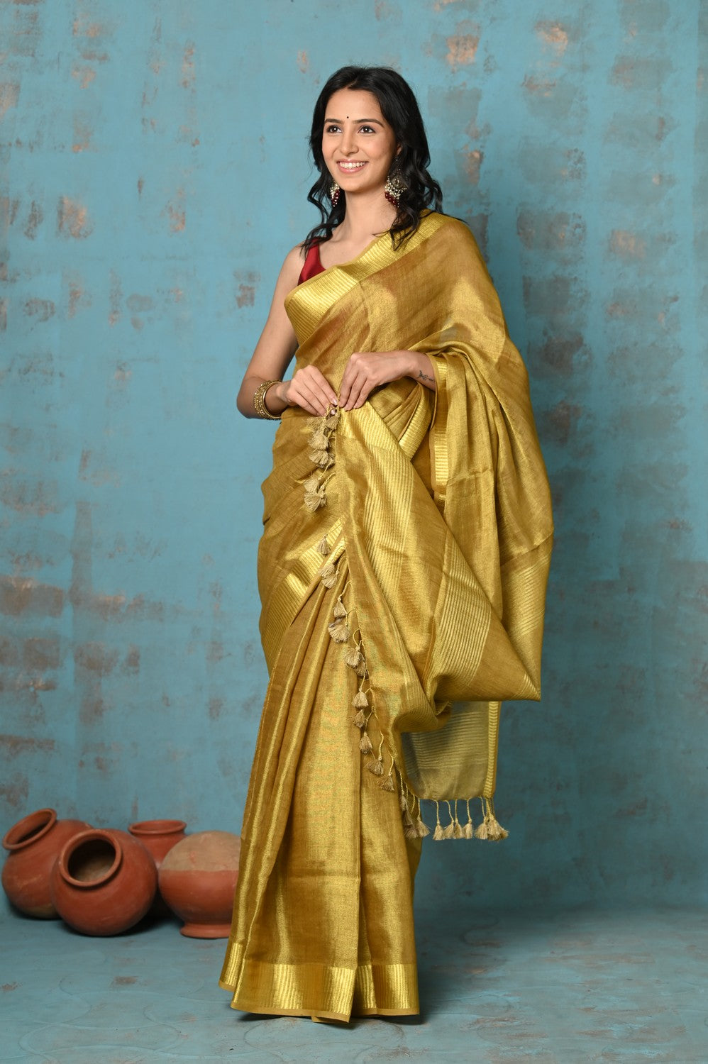 Very Much Indian Tyohaar - Pure Handwoven Organic Tissue Linen Saree - Shimmery Gold | Grocsy