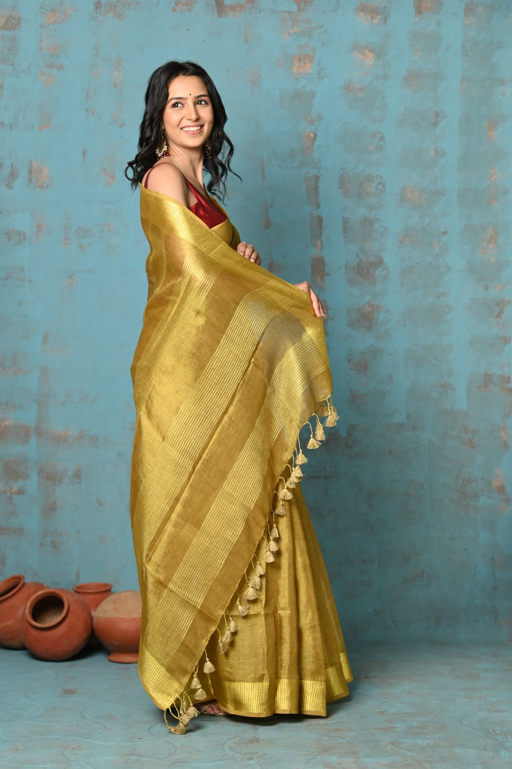 Very Much Indian Tyohaar - Pure Handwoven Organic Tissue Linen Saree - Shimmery Gold | Grocsy