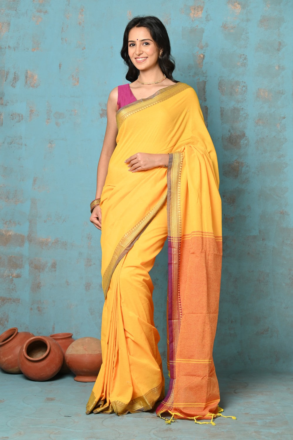 Very Much Indian Tyohaar - Pure Mul Cotton Handloom Saree - Yellow | Grocsy