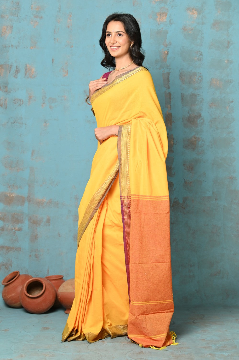 Very Much Indian Tyohaar - Pure Mul Cotton Handloom Saree - Yellow | Grocsy