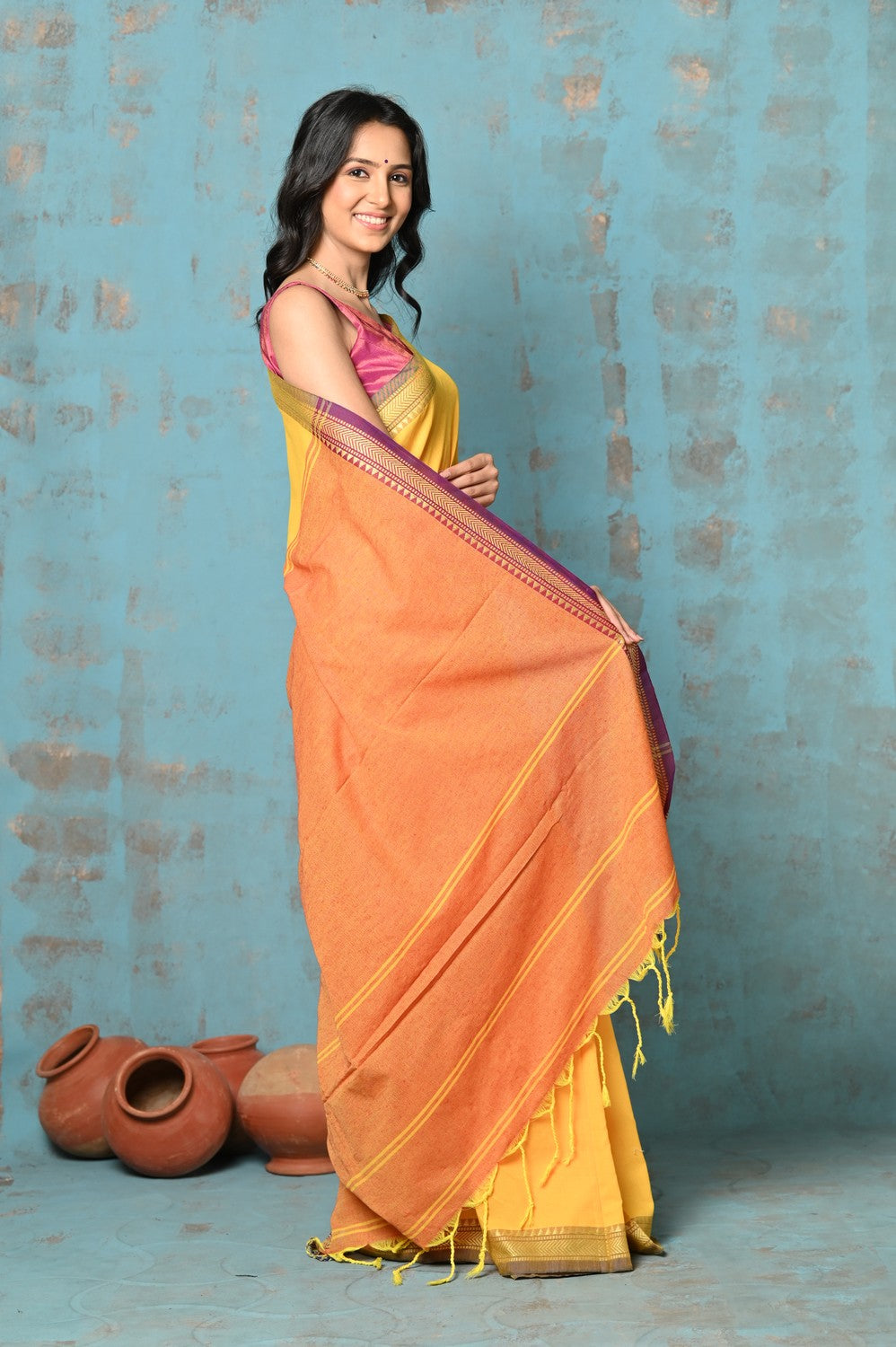 Very Much Indian Tyohaar - Pure Mul Cotton Handloom Saree - Yellow | Grocsy