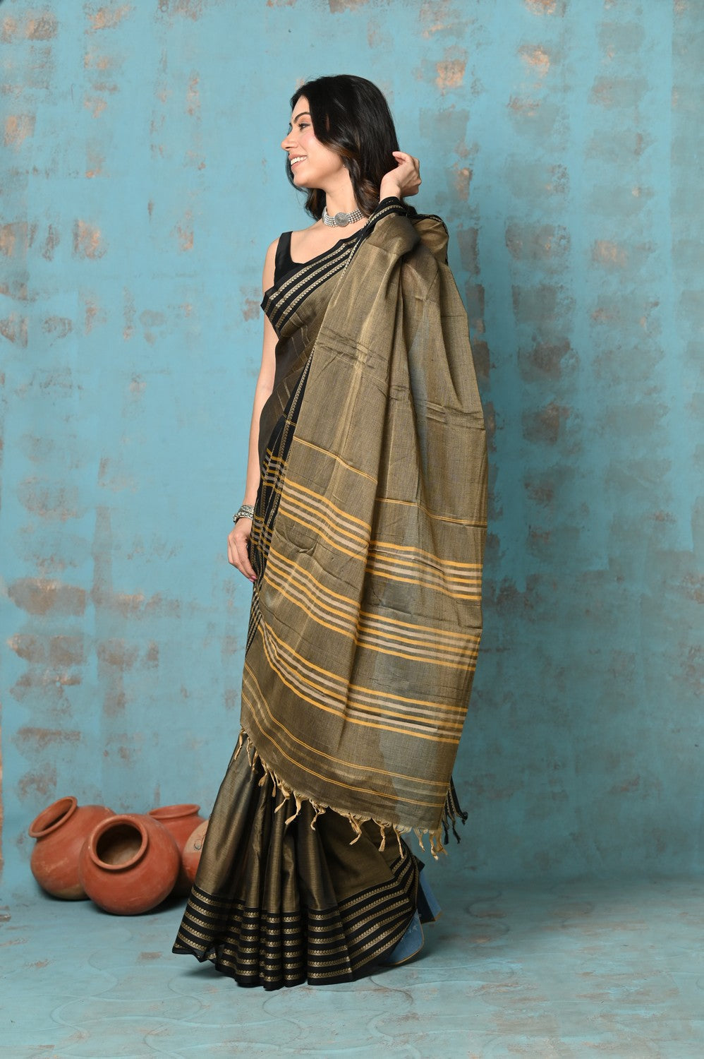 Very Much Indian Tyohaar - Cotton Saree With Border - Copper | Grocsy